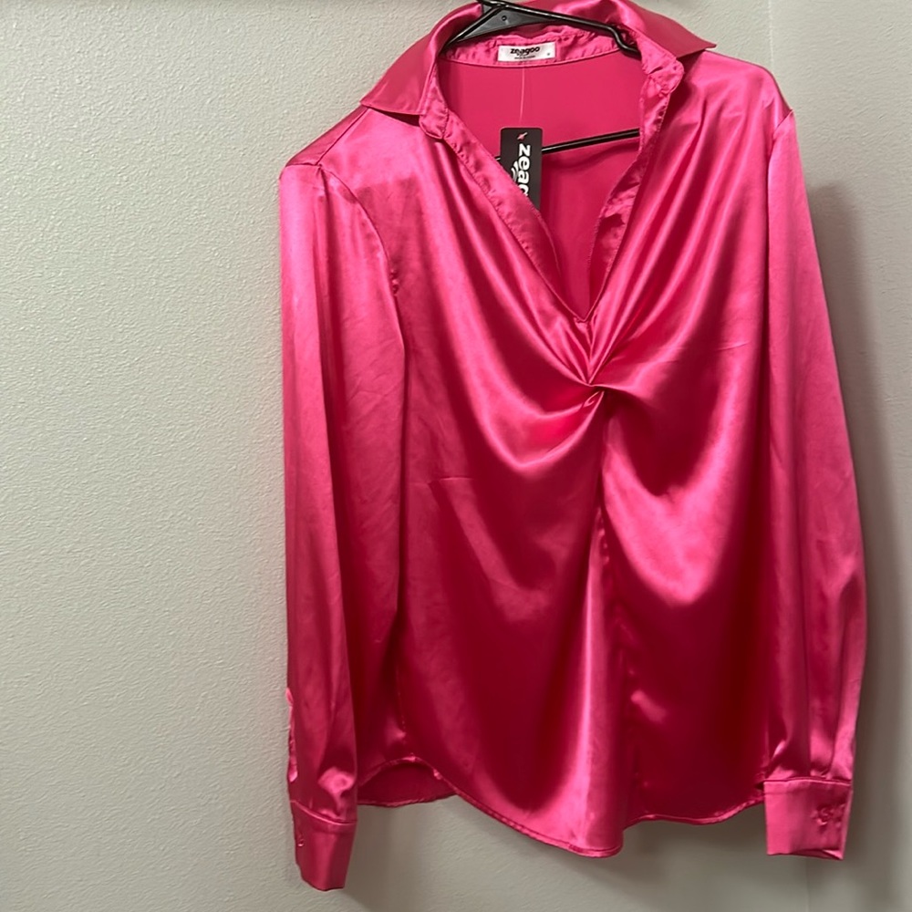 Hot Pink Satin Silk Formal Work Blouse Top Long Sleeve